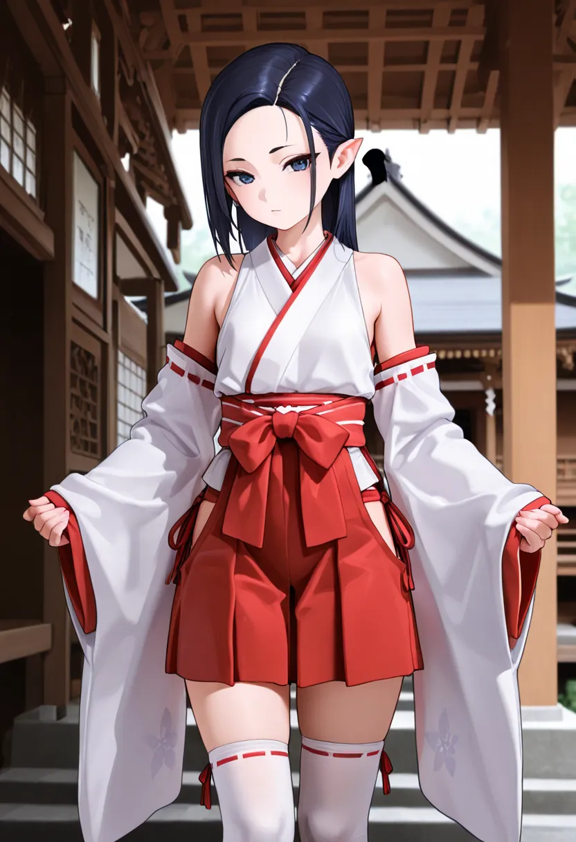 Long sleeves, exposed shoulders, underwear, cowboy shot, removable sleeves, kimono, wide sleeves, white knee socks, shrine maiden, red hakama, short hakama skirt, hip vents, side tie peak