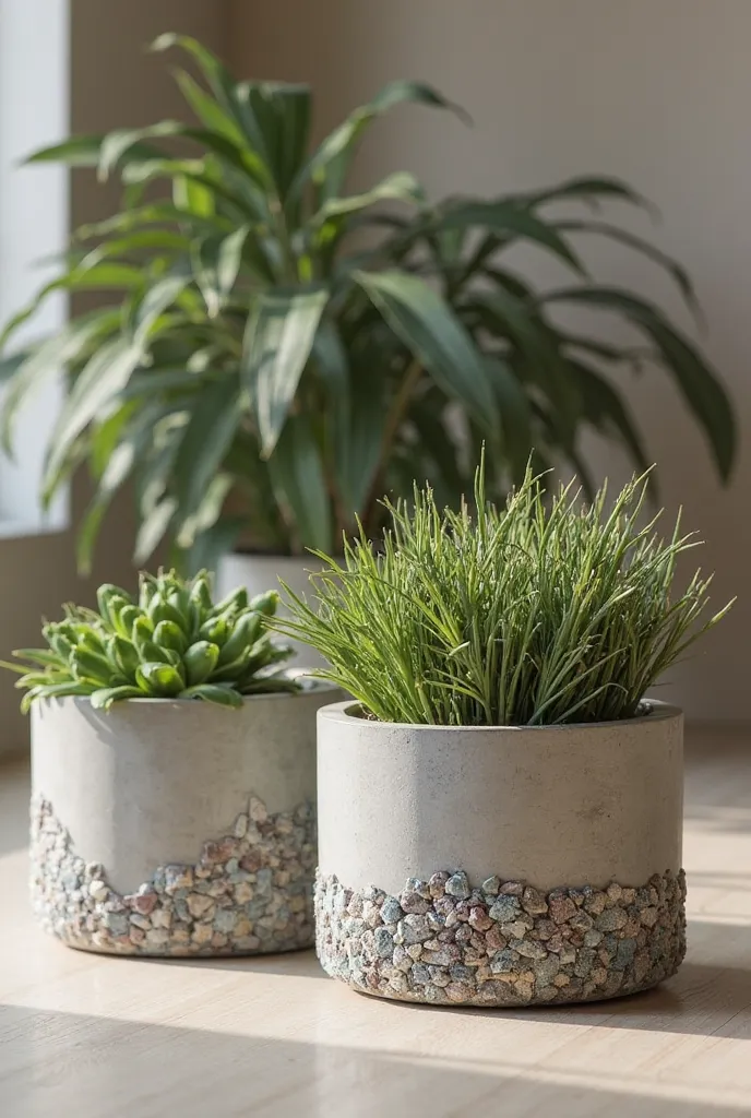 cylindrical flower pots made with valdes molds, recycled concrete and crushed recycled glass, They contain plants. Develop a fund that generates a sustainable impact