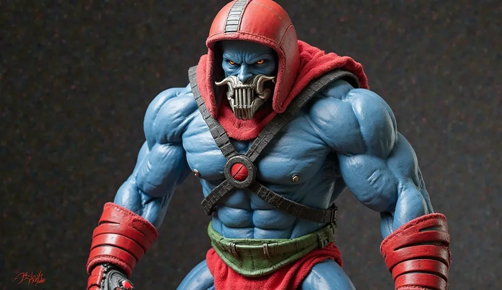 real-life depiction of Trap Jaw from He-Man and the Masters of the Universe, portrayed by a muscular actor with blue-painted skin. He wears a red, rounded helmet with a silver stripe on top, covering most of his head. His lower jaw is replaced by a massive...