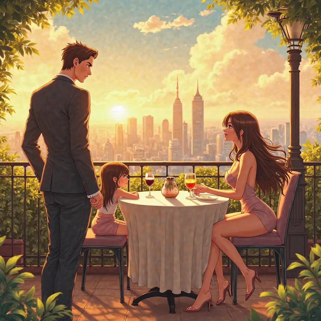 in anime style "A picturesque café terrace bathed in warm golden sunlight, overlooking a breathtaking city skyline. A stunning young woman with long, flowing brown hair sits gracefully at a table, her expression calm yet powerful. She wears a stylish yet s...