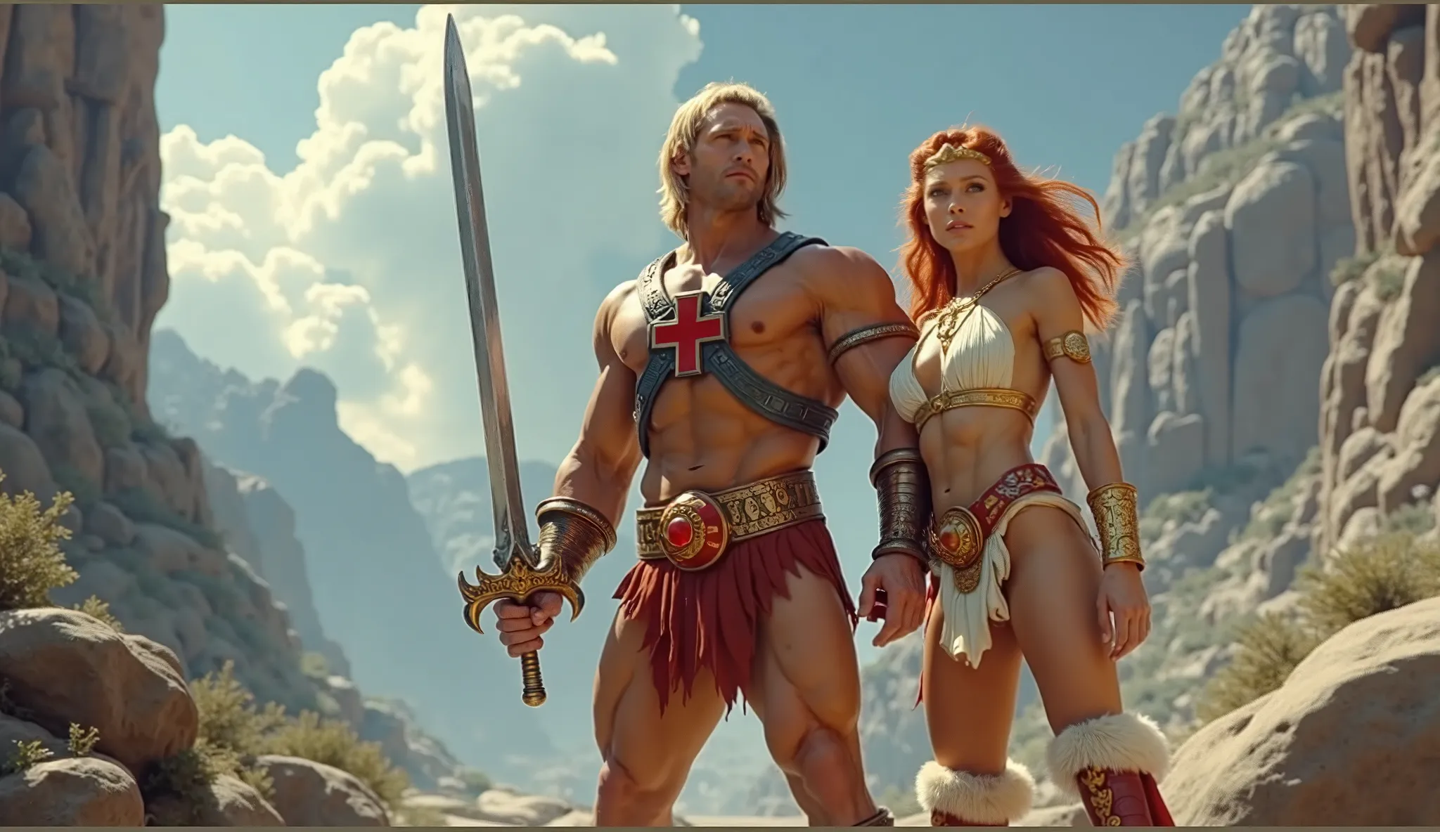 (((full body))) ultra-realistic, realistic human version Heman and Teela (Heman is a hyper-realistic warrior wielding his trusty sword, with a sculpted and muscular physique, played by Alexander Skarsgård. His skin is sun-kissed, highlighting his defined a...