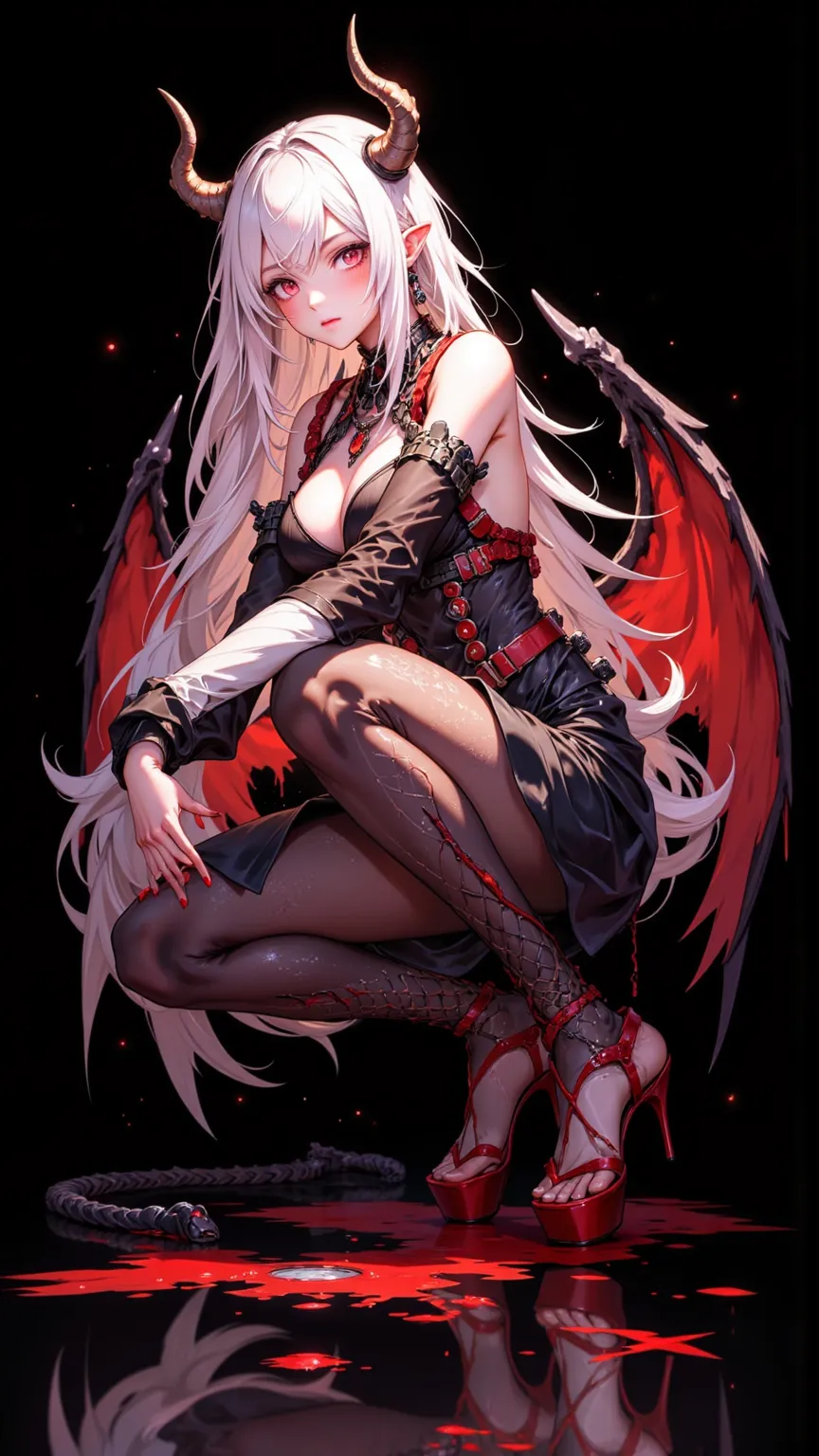  1girl ,  Wings , fishing net,  Solo , horn, Tail, fishing netpantyhose, red eye, Pointed ears, breast, devil girl, long hair, pantyhose, high heels, 惡魔 Wings , Squatting, white hair, cleavage, necklace, 惡魔Tail, blood, Watching the audience, jewelry, color...