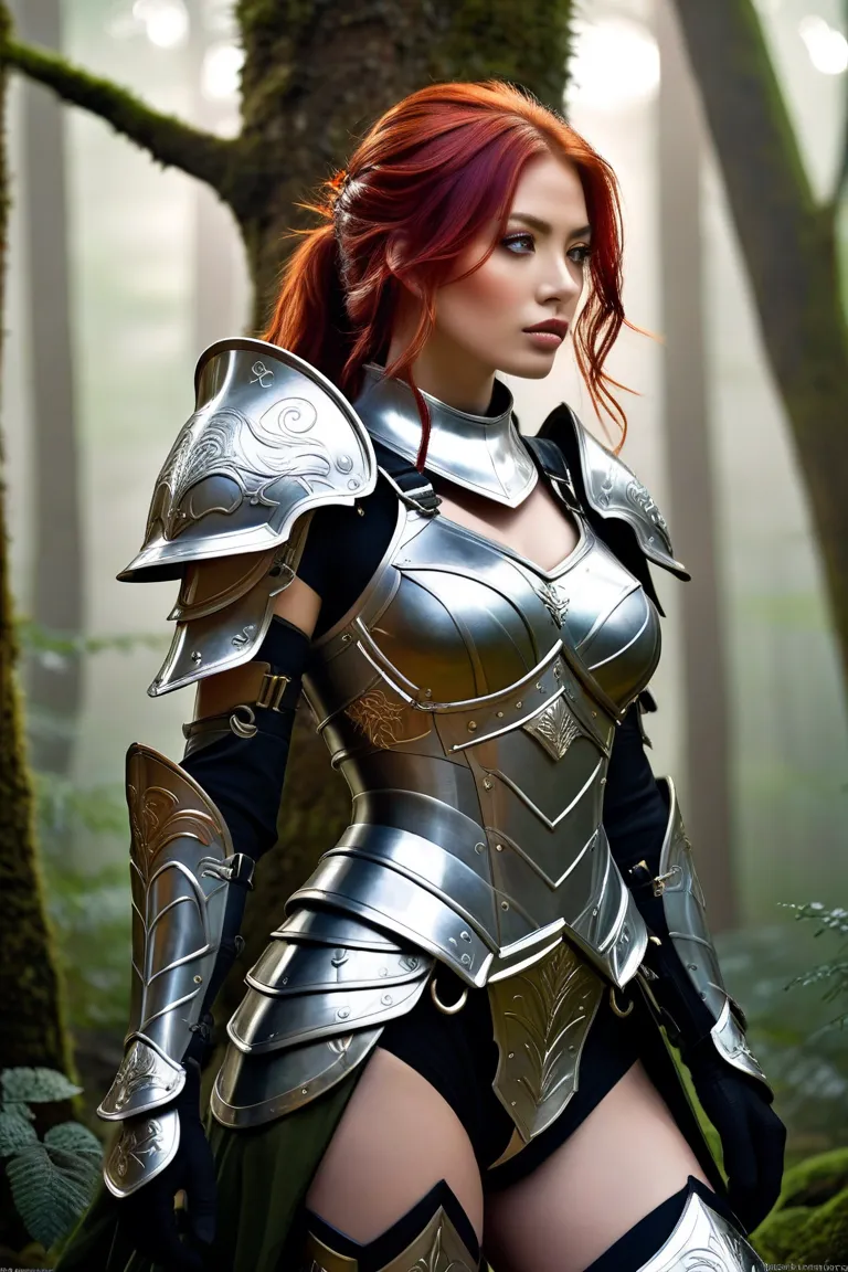 LONG, decorated with exquisite details, with red hair and silver eyes. His armor , wearing a dark silver light armor {x} that fits her body perfectly {x} designed to radiate an elegant yet powerful aura on the battlefield; decorated with fine details, offe...