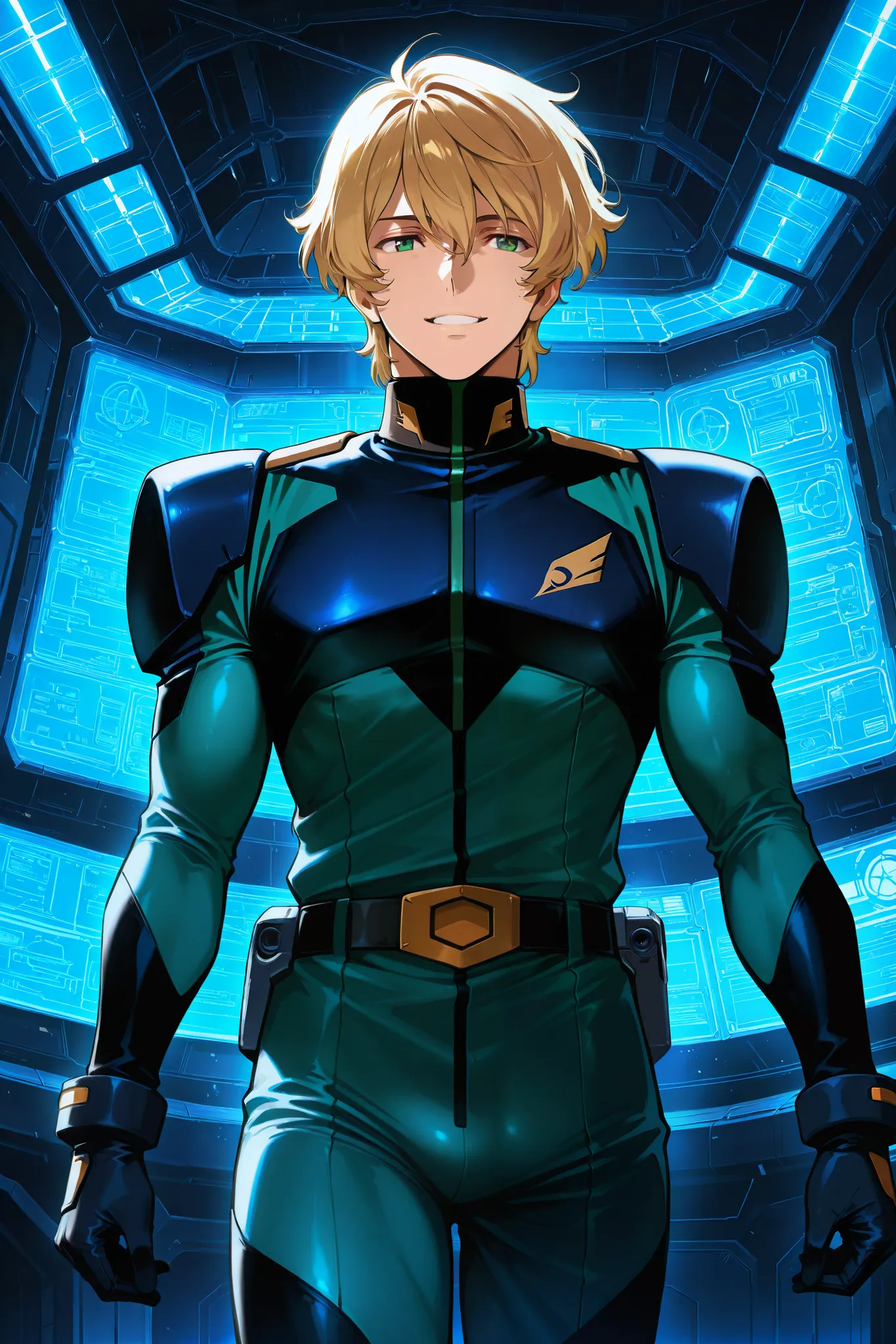 (score_9, score_8_up, score_7_up), source_anime, absurd_res, white, blue, black, 1boy, solo, super fine illustration, an extremely delicate and beautiful, best quality, masterpiece, 8K, Graham Aker (Mobile Suit Gundam 00), vibrant blonde hair, beautiful em...