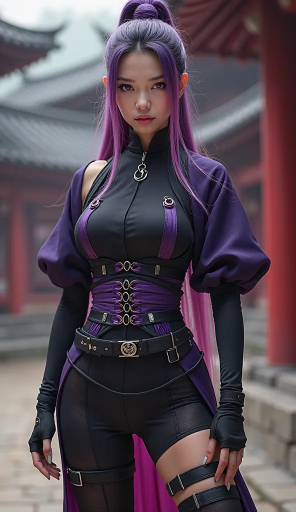 A warrior with an elegant and lethal appearance, dressed in a costume inspired by the ninja aesthetic, with a mix of traditional and modern elements. Her appearance is refined, with an air of mystery and dexterity, highlighted by her veil outfit in shades ...