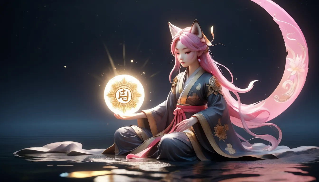 A young fox girl kneels on the pond facing the camera, with moonlight shining on her body. There is a flowing star emblem on her forehead, and she is in a kneeling position. The camera is looking from bottom to top, with a special and dynamic perspective. ...