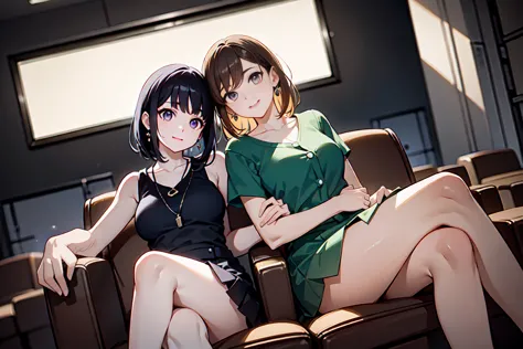 Dark movie theater、 Darkness、No windows,two women watching a movie in the seat next to each other,movie screens,  not looking at the camera  ,sitting on a movie theater chair, Composition viewed from below,  Woman on the right   :movie screensを見る、Compositi...