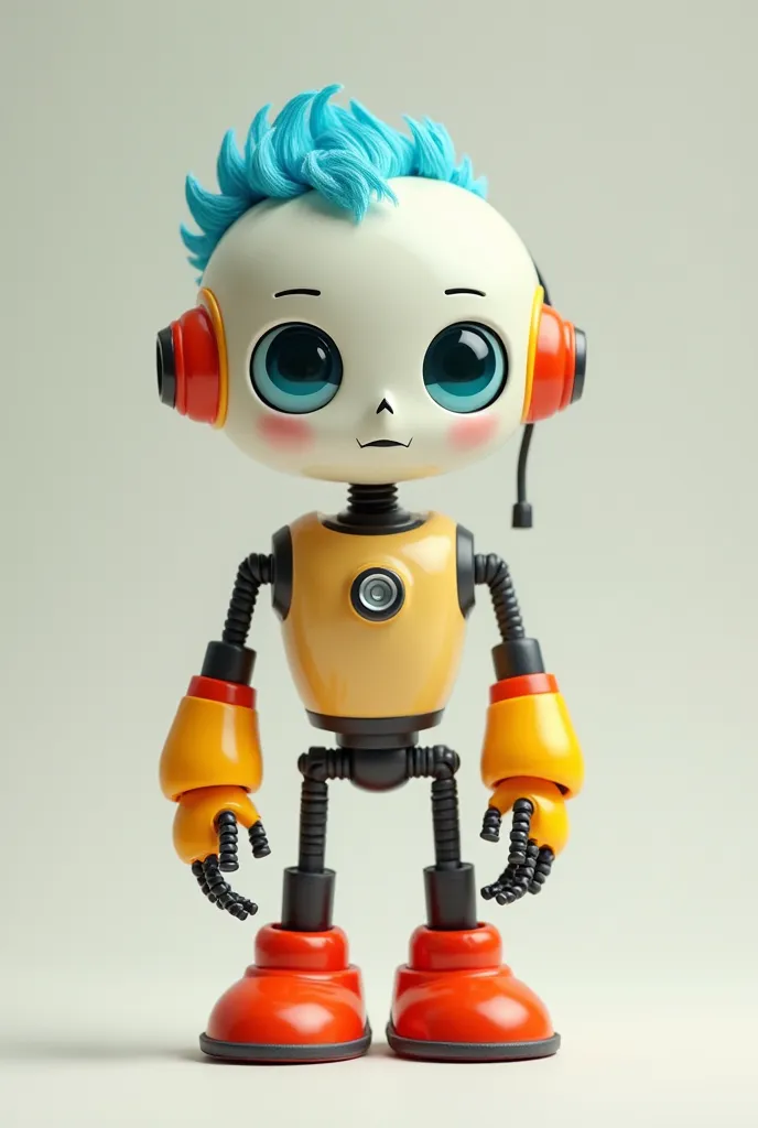 cute robot, big eyes, orange and yellow hands, big red legs, slim body,  blue hair