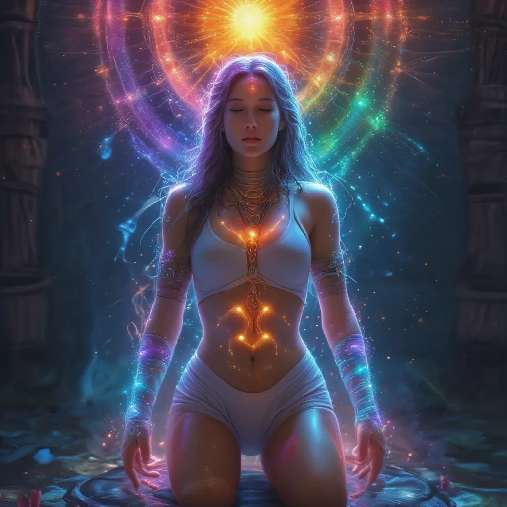 3 diverse woman character selection screen with an otherworldly aura, metal clamps and energy encircling her body, illuminated by an ethereal glow that radiates from within. Her translucent skin shimmers with an iridescent quality, as smoky blue magic danc...