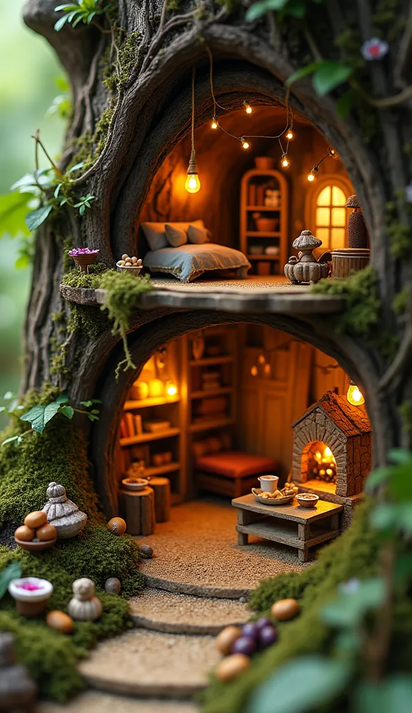 *A hyper-realistic macro shot of a hidden miniature village inside the hollow of an ancient tree, where tiny people have made their home. The tree’s bark has small, round doorways and windows glowing warmly from within. Inside, beautifully crafted wooden r...