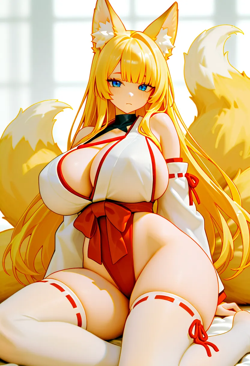 1 girl, solo,

long hair, blonde hair, ribbon trim legwear, hair intake, ribbon trim,

blue eyes,

big breasts,

fox girl, animal ears, fox ears, animal ear fluff, fox tail, multiple tails,

thighs,