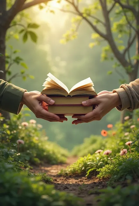 - Background with green areas and trees
- Open and stacked books with titles related to agronomy
- Hands exchanging books
- Natural and earthy colors to maintain agricultural aesthetics.