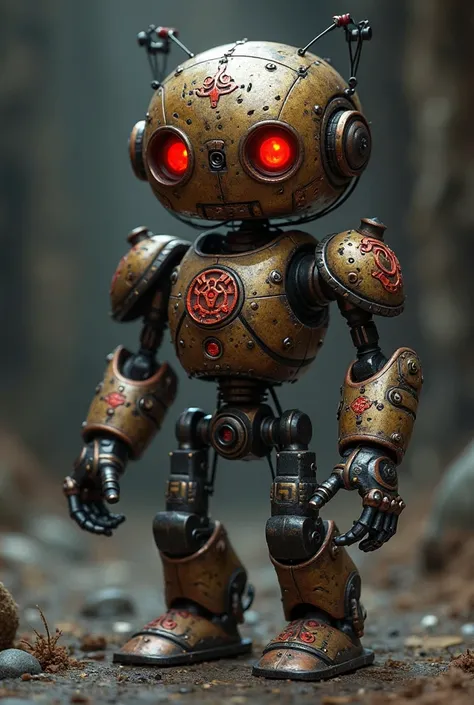 A bronze and black colored robot that is small. It has glowing red eyes. Runic red markings are presrent on the robot. It is about the height of a dwarf. 