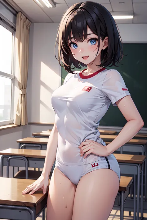 (((masterpiece))), (8k, high_resolution), extremely detailed CG, ((best quality)),
cinematic lighting, dynamic lighting,
shiny skin, beautiful blue eyes and detailed face, 1lady, solo,
ass, bangs, black_hair, blue_eyes, blush, breasts, (((buruma))), cowboy...