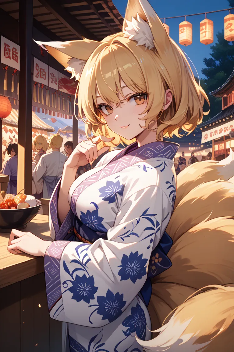 yakumo ran, blonde hair, fox ears, yukata, fox tail, best quality, Japanese festival, beautiful, Enjoy the festival