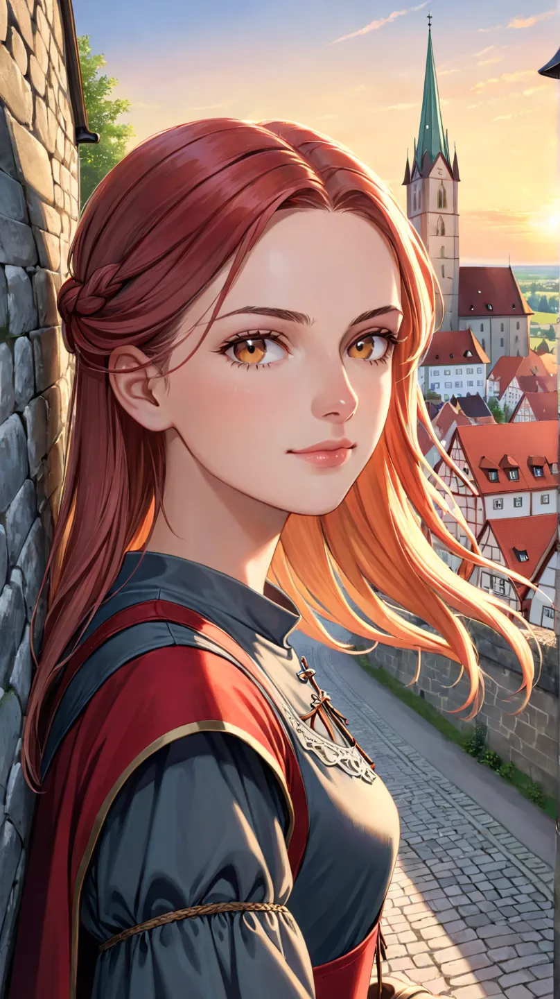 (Extreme close-up, Face-focused portrait)A young German woman standing atop the medieval stone walls of Nördlingen, Germany. The golden sunset casts a warm glow on her serene expression as she gazes at the picturesque town below. Her traditional European d...