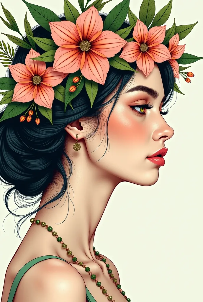 a close up of a woman with a flower crown on her head, concept art by Kanbun Master, featured on pexels, art nouveau, nature goddess, natural beauty, queen of nature, line art, !!natural beauty!!, nature and floral aesthetics, mother nature, woman made of ...