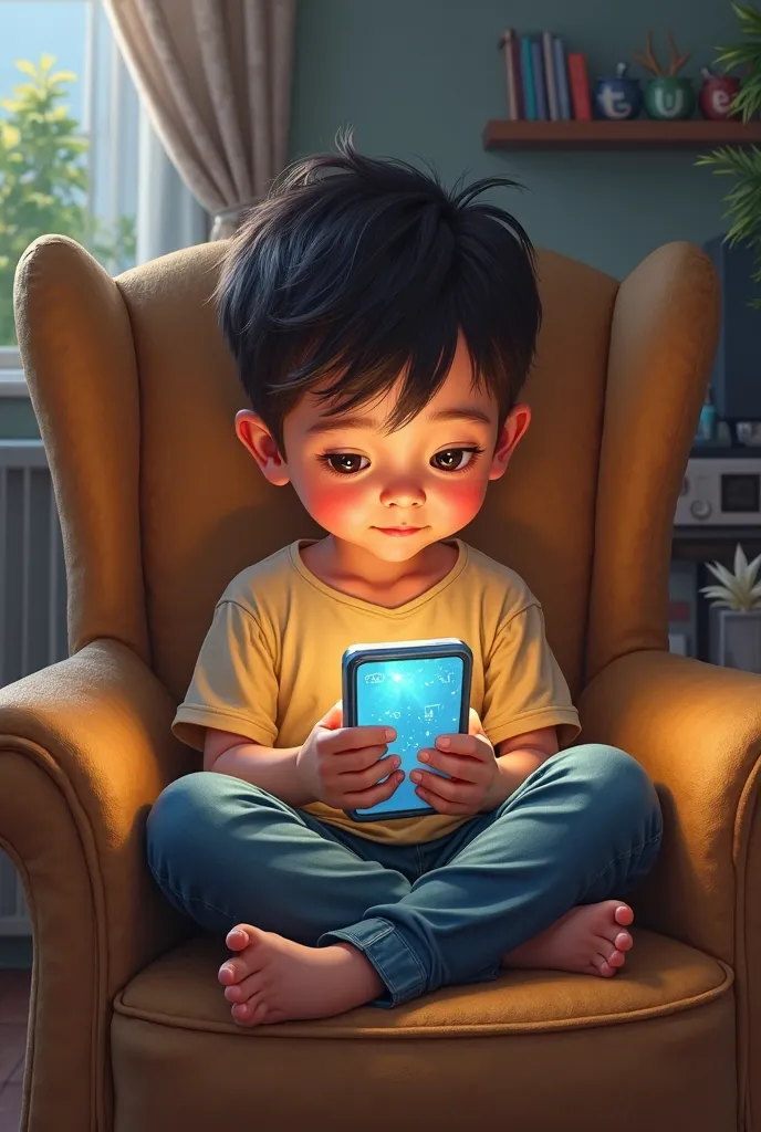 Create a drawing of a boy playing on his cell phone