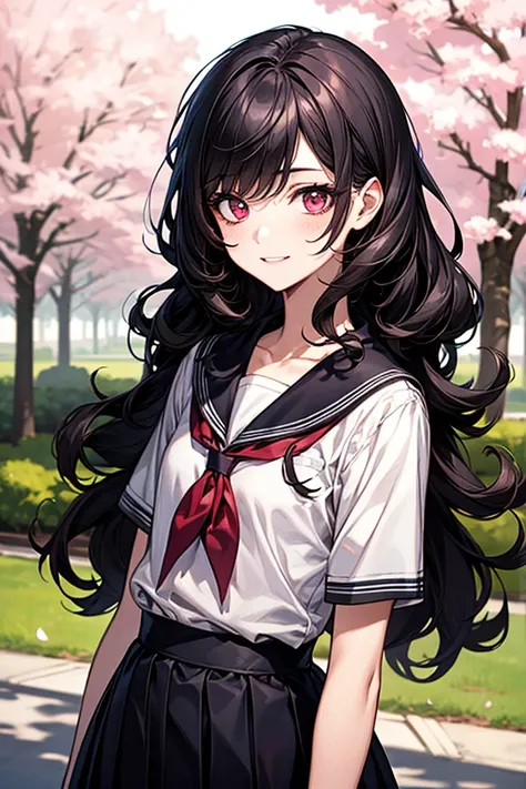 masterpiece ,high resolution ,excellent quality , Women , ,  curly hair , disheveled hair , black hair, long hair , Ruby pink eyes , school uniform , small chest , small waist, Beautiful face , very pretty, happy , mischievous look, Under the Cherry Trees ...