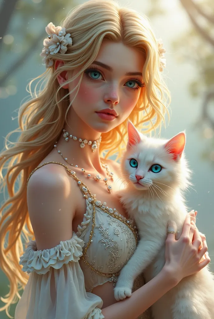 Fortnite skin a blonde girl with honey-colored eyes while holding a white cat with blue eyes