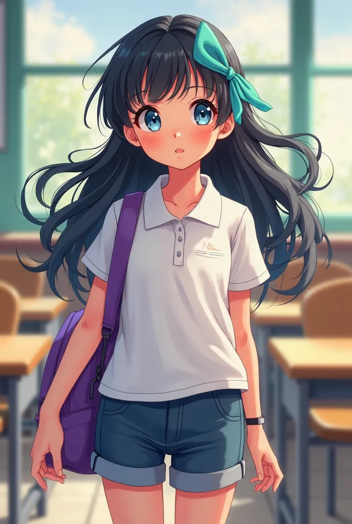  girl, black hair with turquoise ribbon, big eyes, white polo shirt and dark blue shorts, purple backpack classroom background, pixelated background

