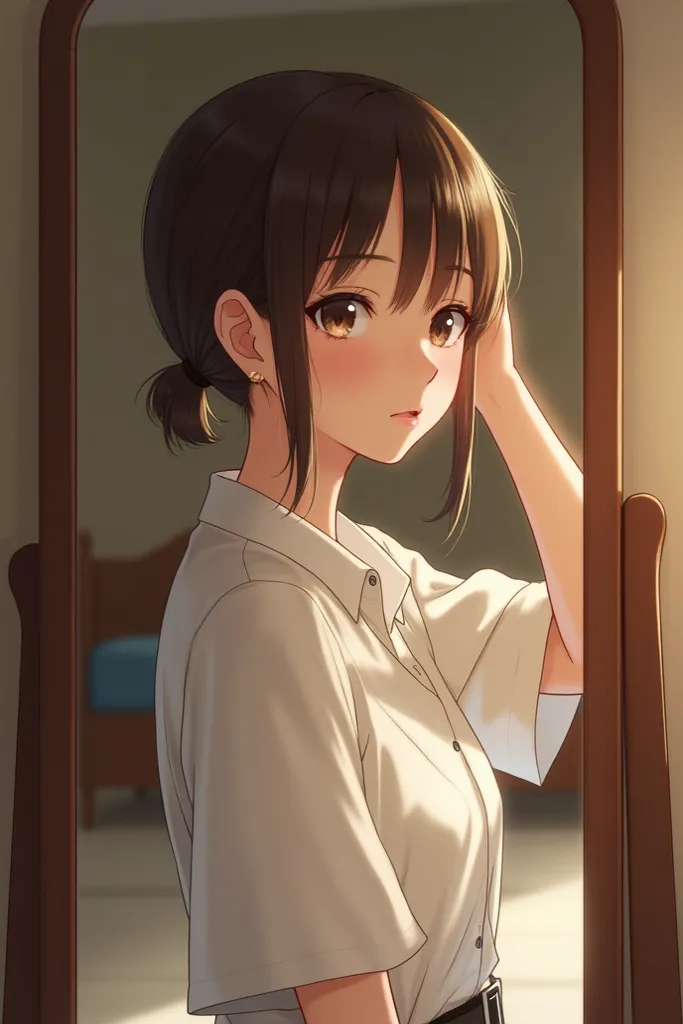 A shoreline girl with tied short brown hair taking a picture in the mirror, wearing a white blouse, location and a room with a medium bed in the background, profile picture