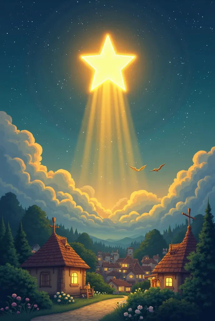 The baby star shines brightly, spreading golden rays across the sky. Below, a peaceful cartoon town sleeps under the glowing light, with rooftops and trees gently illuminated by the star's warm shine.