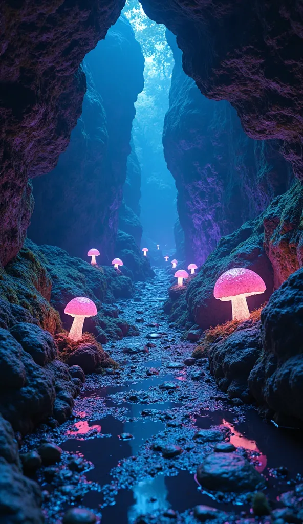 "A breathtaking first-person view of stepping into a hidden passage within the crystal cavern. The jagged rock walls are embedded with glowing blue and violet gemstones, casting surreal reflections on the damp floor. The path ahead is illuminated by biolum...