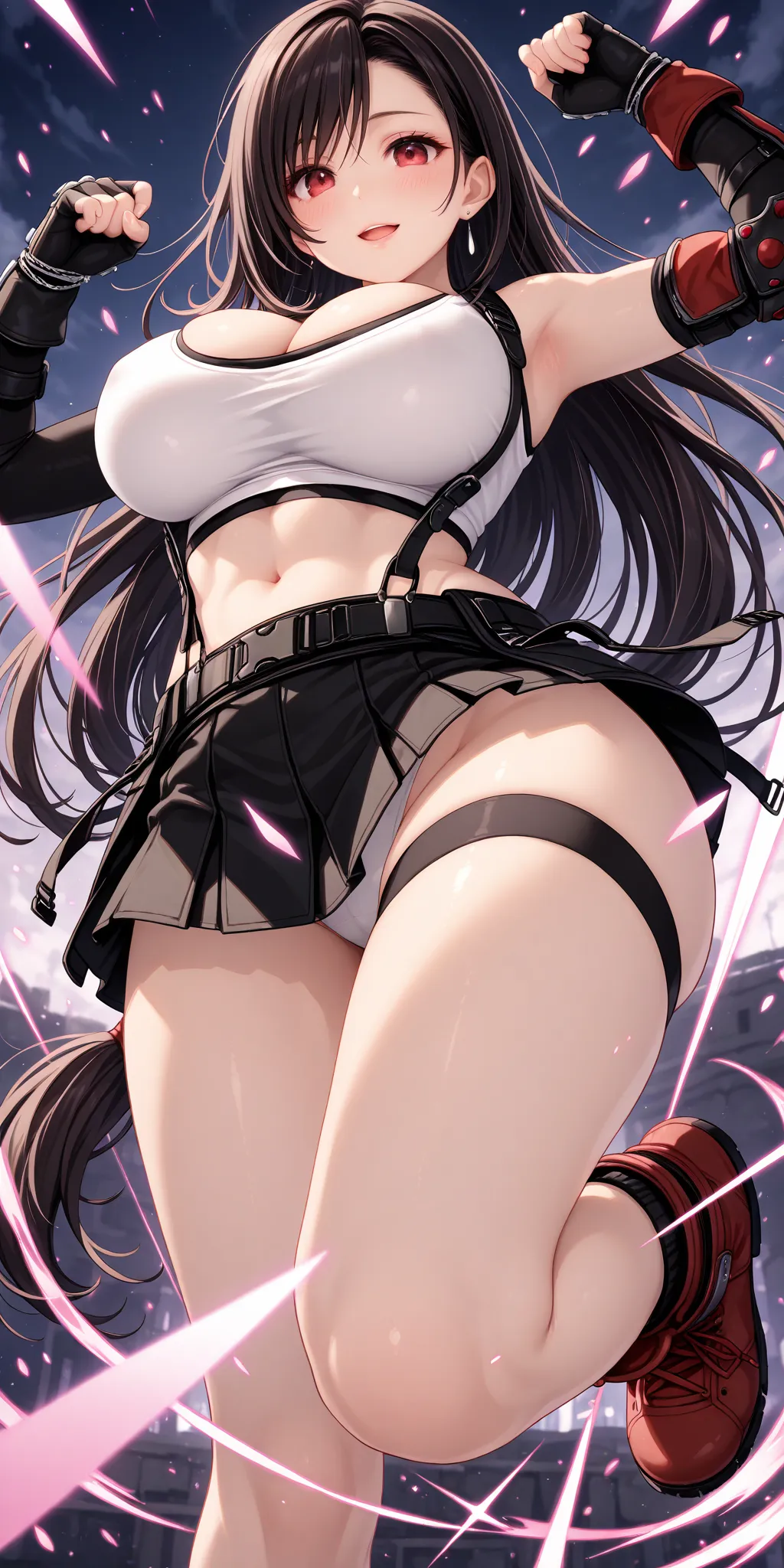 Tifa、very big breasts、enchanted cleavage、slender eyes、 Detailed Illustration 、８Ｋresolution、super beautiful、Ultra delicate、masterpiece、top quality、open arms、 hugging、