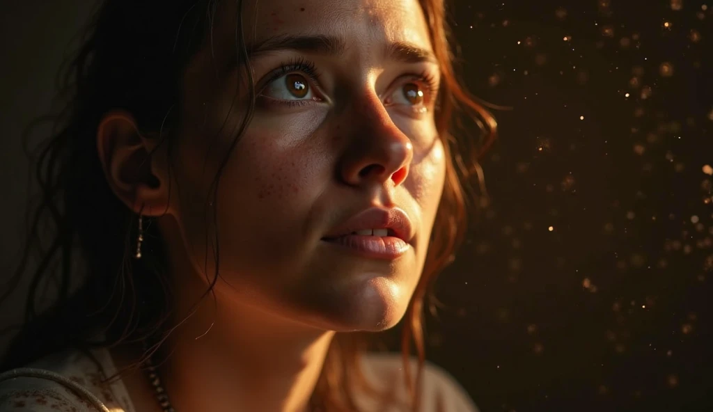 A young woman with tears streaming down her face, looking up with an expression of hope and emotion. The background is dark, with soft golden light illuminating part of her face, symbolizing the presence of God. The atmosphere conveys a sense of reflection...