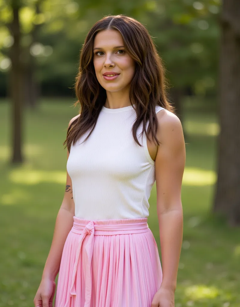 Millie Bobby Brown,　  young woman 　35 talents  　huge 　((loose fitting white sports croc top)), (Pink pleated skirt), (( Long wavy brown hair))　(( at the park in the morning ))　((clean armpits)) (( full lips))　(( Make provocative eye contact )) full lips ((...