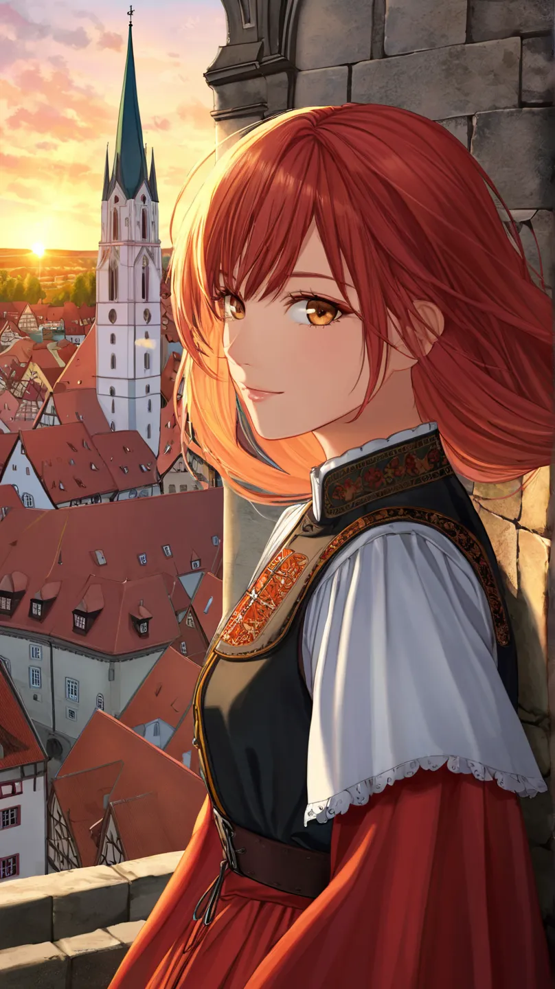 (Extreme close-up, Face-focused portrait)A young German woman standing atop the medieval stone walls of Nördlingen, Germany. The golden sunset casts a warm glow on her serene expression as she gazes at the picturesque town below. Her traditional European d...