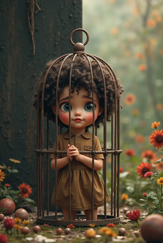 A brown boy with curlers coming out of a rusty cage, The image divided in two: one part where the cage is in a dark environment full of broken toys and the other half a garden full of flowers and wildlife 