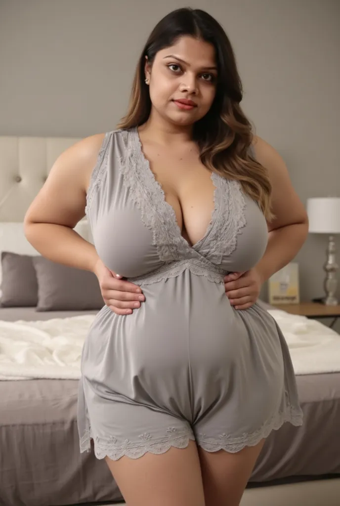 Back life, chubby mature woman, fully body, standing, triangle hip, thick-thighs, wearing gray lace short doll pajamas, big neckline, Hands on waist, legs spread open, Double bedroom, looking at the camera with smile, bare hips 