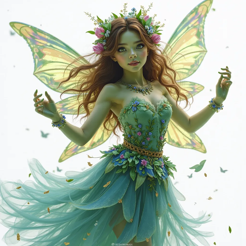 Very professional and realistic photo, view, Of a fairy who is the guardian of an enchanted forest. She must be extremely beautiful and ethereal, with an air of mystery and magic. Facial features: big shiny eyes, skin with an emerald green hue.  soft and l...