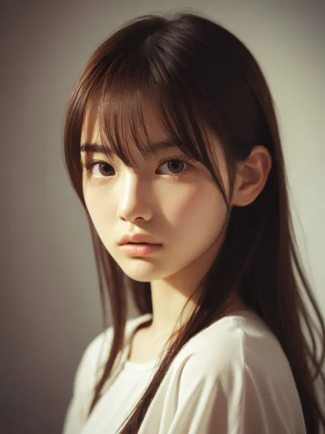 A Japanese girl, 18-21 years old, with soft brown hair, delicate double eyelids, and a gentle expression. A high-quality photo portrait, shot in the style of a Polaroid camera with soft lighting, subtle grain, and a slightly faded color tone. Natural and u...