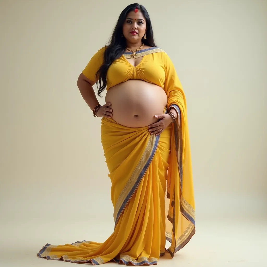 Indian extreme plus size BBW chubby fat busty extreme fair skinned wide breast woman with natural looking fair face with large breast and large extreme fat curvey figure and wide shoulder and long hair and wearing yellow deep neck tight fitting blouse with...