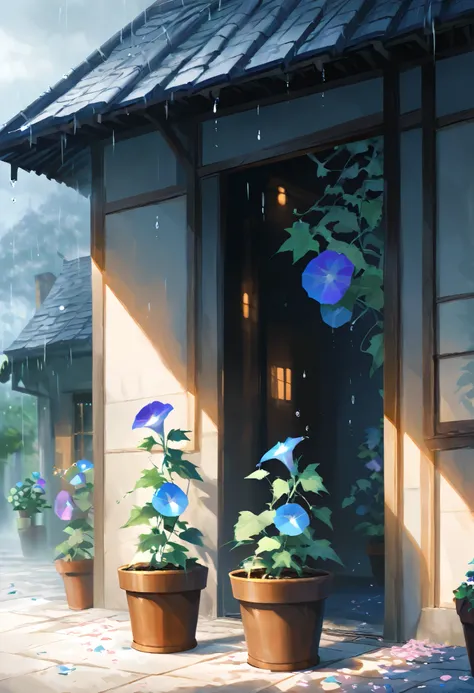 ultra detailed, absolutely resolution, masterpiece, on a rainy day, raindrops run down the tiled roof and fall from the eaves, swaying the petals of a morning glory in a flowerpot, highly detailed, sharp focus, vivid colors, soft lighting, cinematic compos...