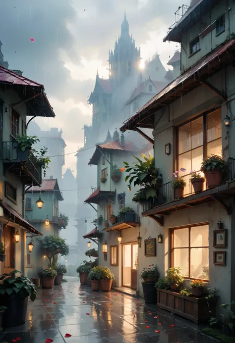 ultra detailed, absolutely resolution, masterpiece, on a rainy day, raindrops run down the tiled roof and fall from the eaves, swaying the petals of a morning glory in a flowerpot, highly detailed, sharp focus, vivid colors, soft lighting, cinematic compos...