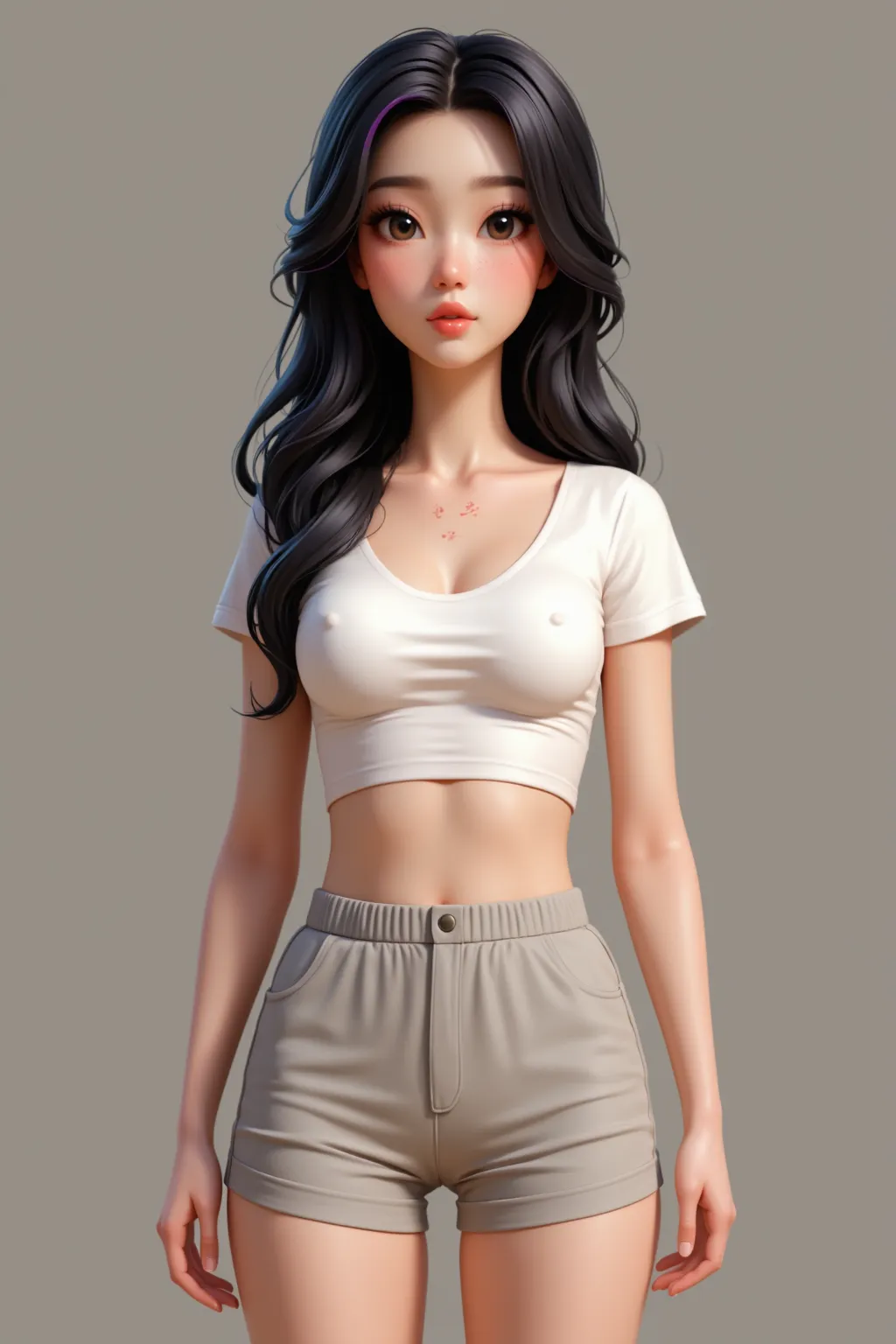 3D realistic Korean female digital character at home. She should have a curvy body, cute chubby, short stature and fair skin with light freckles on her face. Her hair is long and black with purple highlights, shining softly under the ambient light. She is ...