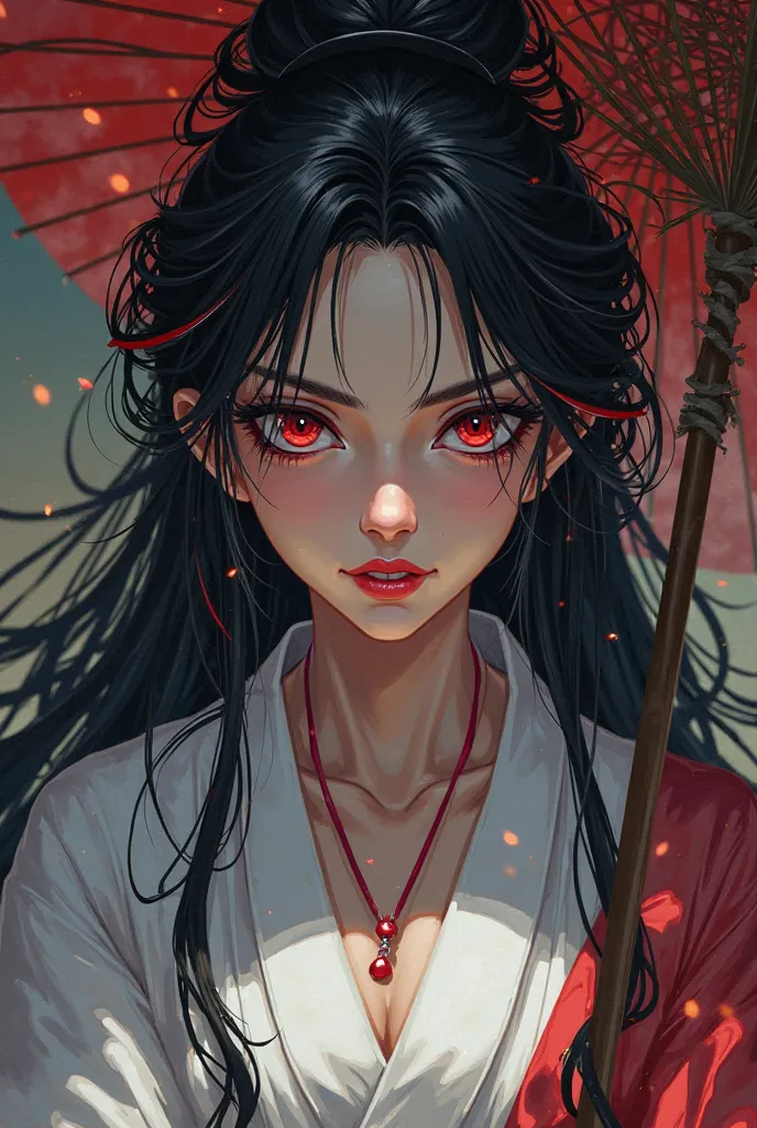 close up of a Geisha, action RPG video game, long coppery black hair, illustrated logo, arrogant and sinister attitude, inspired by Yumihiko Amano, Albion, dramatic and punchy colors, white outfit, set in a wizard shop, website banner,