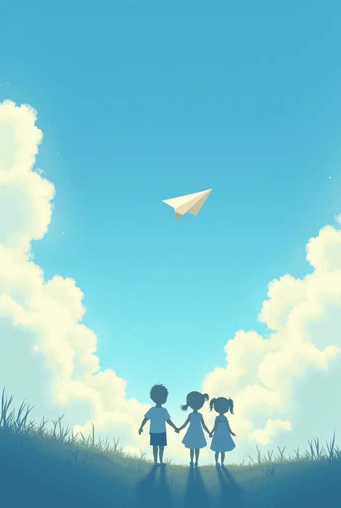 Cotton Cloud，blue sky，Silhouettes of children holding hands，paper airplane marks illustration by Hayafu Miyazaki，soft light filter