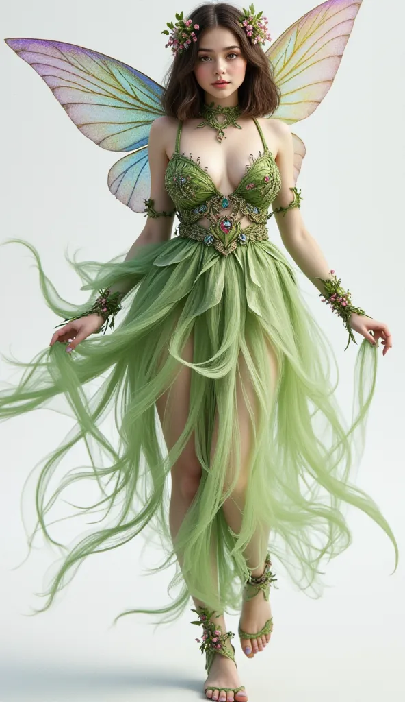 full body photo, realistic textures, 4k, Of a fairy who is the guardian of an enchanted forest. She must be extremely beautiful and ethereal, with an air of mystery and magic. Facial features: big shiny eyes, skin with an emerald green hue.  soft and lumin...