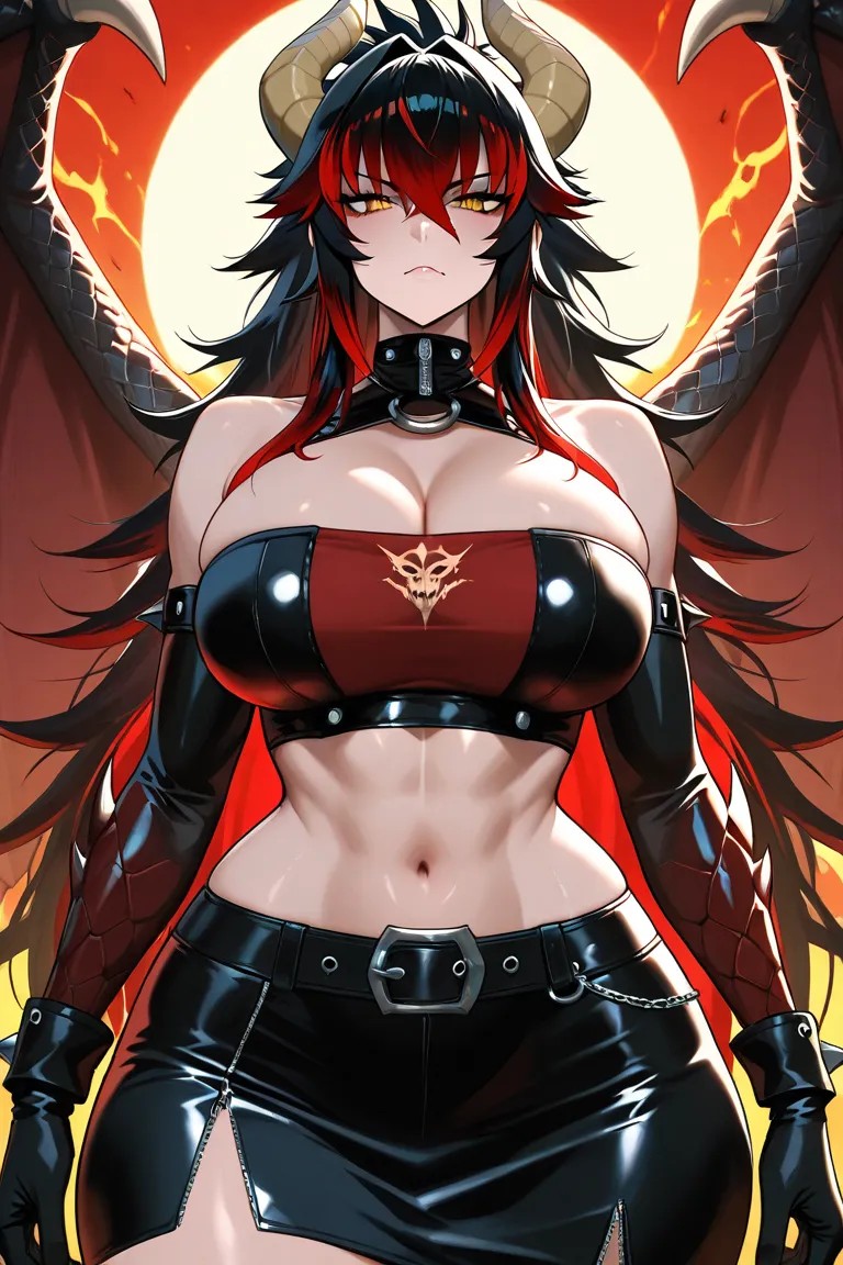 zentreya, black dragon girl, large breasts, black dragon, dragon eyes, horns, black hair with red highlights, wide hips, leather skirt, tube top