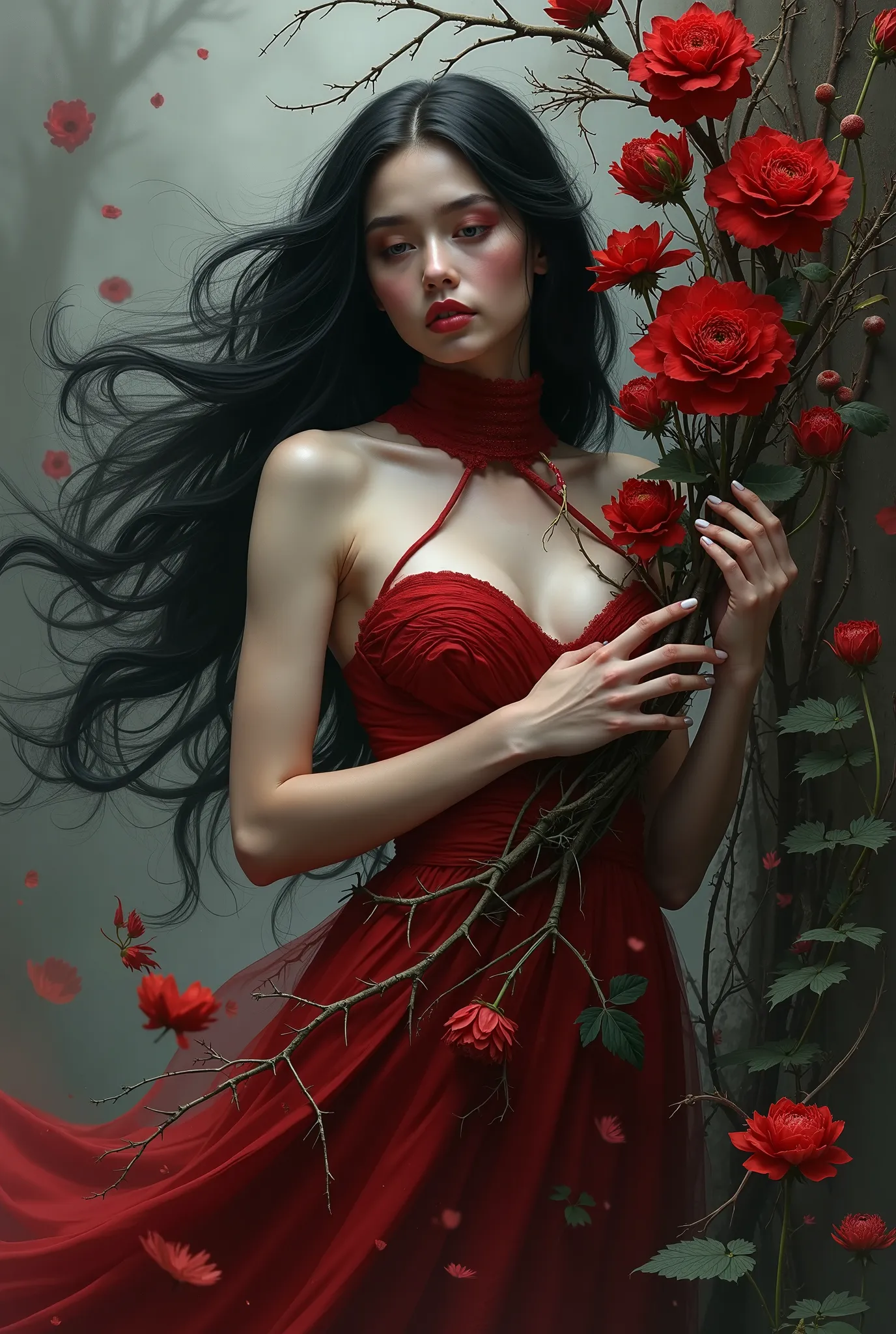 a black-haired young woman is entwined with flowers with thorns, and they enter your skin . Your dress has a high collar and is red