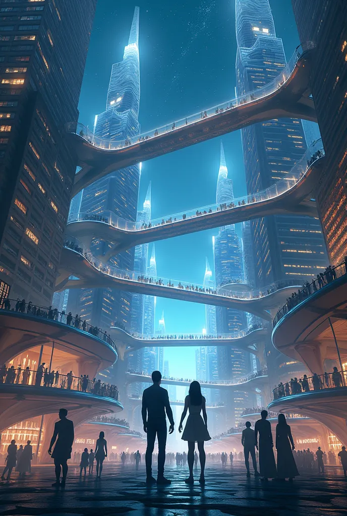 We have a low-angle view (from below) of a super futuristic city at night, many buildings with luminous windows, there are bridges as if they were transparent glass tubes that connect one building to another, there are two central characters looking up and...