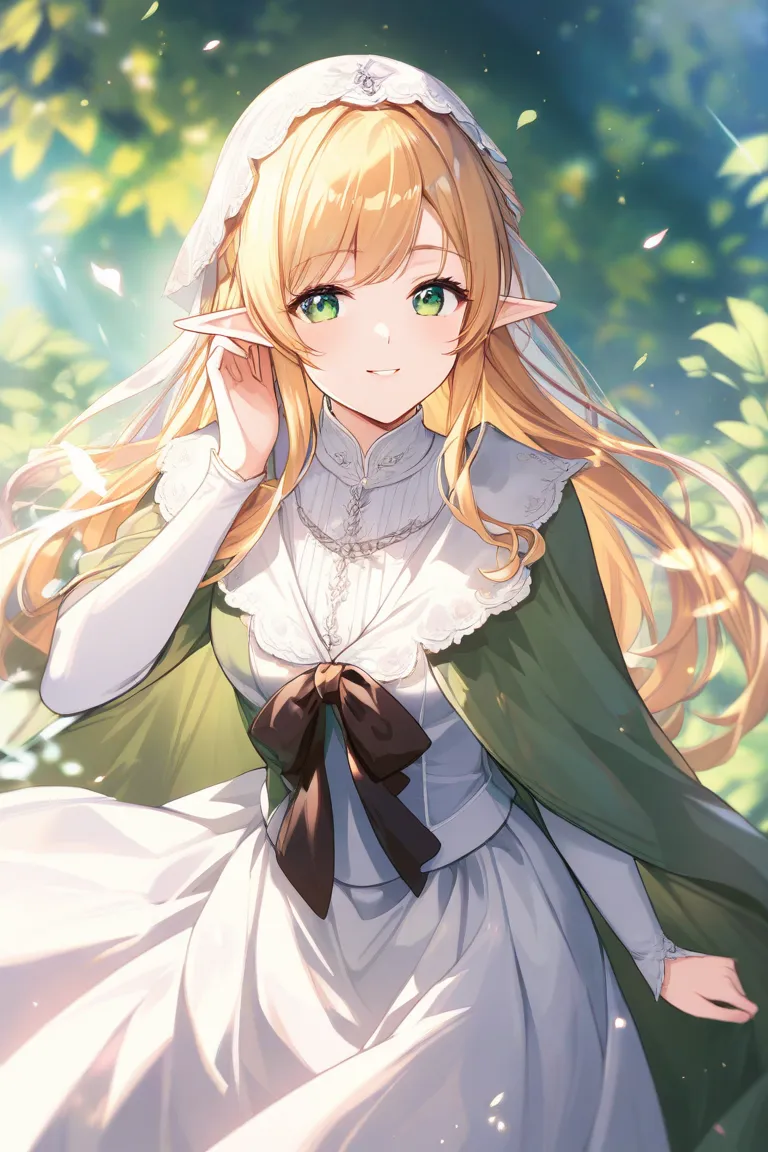 elf girl, maiden, beautiful, elegant, long hair, bow, smile, cloak,