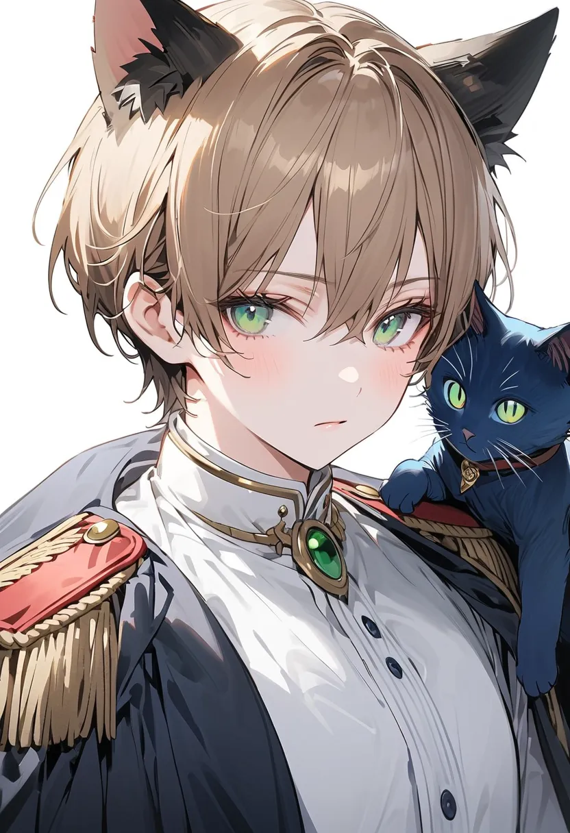 a man wearing navy blue clothes with an open chest、blue cat ears、standing collar 、mature、 (Black fur on the shoulder) 、heavy dark blue cloak on the right side、((Epaulette on the right side))、blue cat ears、light blue tuxedo, {   white skin}, ((  beautiful b...