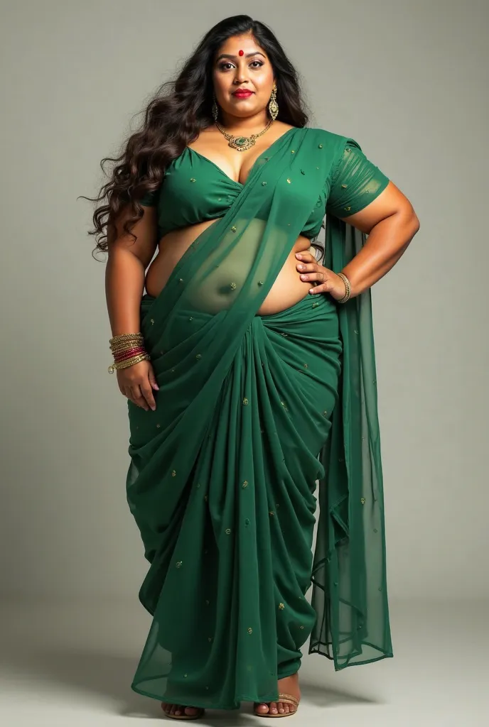 Indian extreme plus size BBW chubby fat busty extreme fair skinned wide breast woman with natural looking fair face with large breast and large extreme fat curvey figure and wide shoulder and long hair and wearing mehandi green deep neck tight fitting blou...