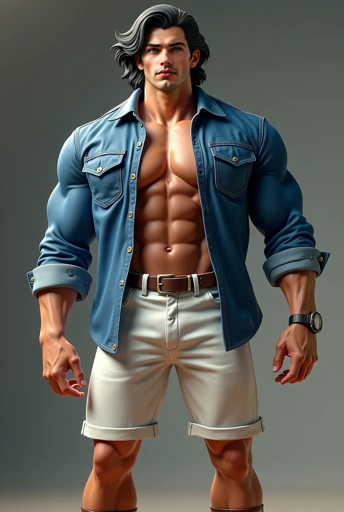 man, Realistic,  White , black hair,  very blue eyes , shoulder length hair shirt, Open blue denim shirt showing the strong and large chest, white shorts, brown mocacino shoe, full body.